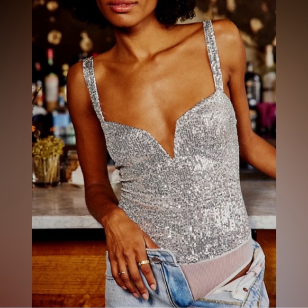 NWOT - Free People x Intimately FP Sparks Fly Bodysuit in Silver - Size L